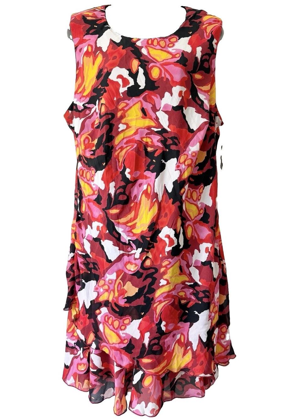 Mlle Gabrielle Midi Sleeveless Dress Red Pink Black Ruffle Hem Womens Size 20
